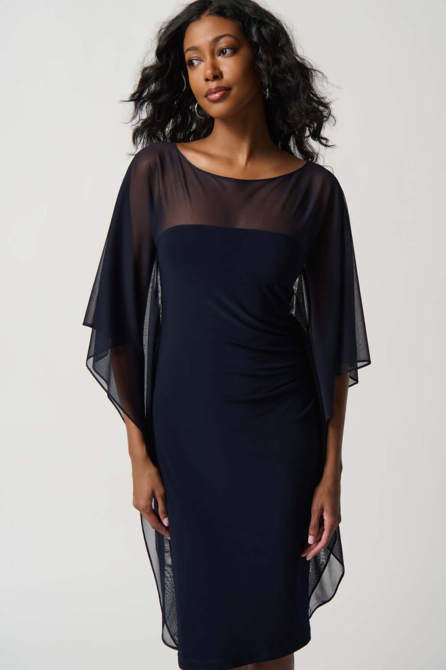 Women Joseph Ribkoff | Joseph Ribkoff Cascading Mesh Sleeve Dress In Midnight 234037