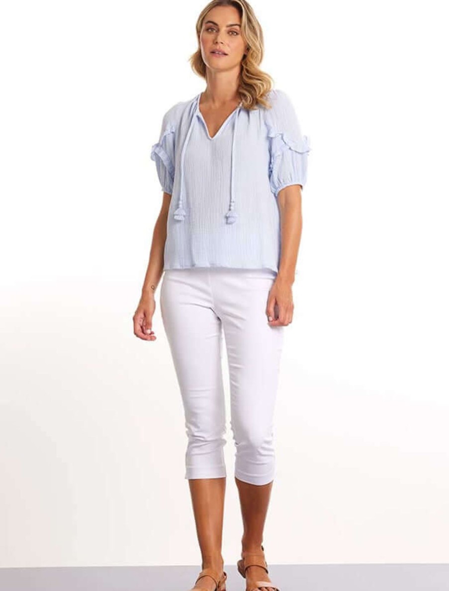 Women Marco Polo | Marco Polo Ruffle Crinkle Cotton Top In Ice Blue