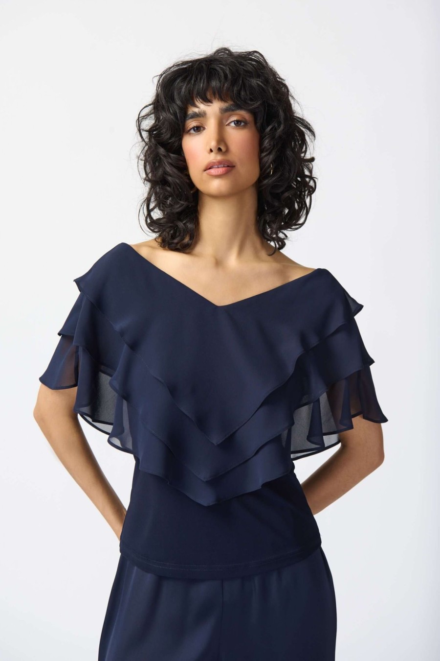 Women Joseph Ribkoff | Joseph Ribkoff Layered Chiffon Cape Sleeve Top In Midnight 241020