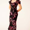 Women Sacha Drake | Sacha Drake Duchess Bias Cut Midi In Black Fuchsia Floral