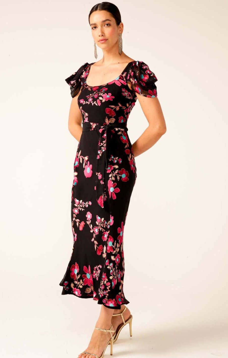 Women Sacha Drake | Sacha Drake Duchess Bias Cut Midi In Black Fuchsia Floral