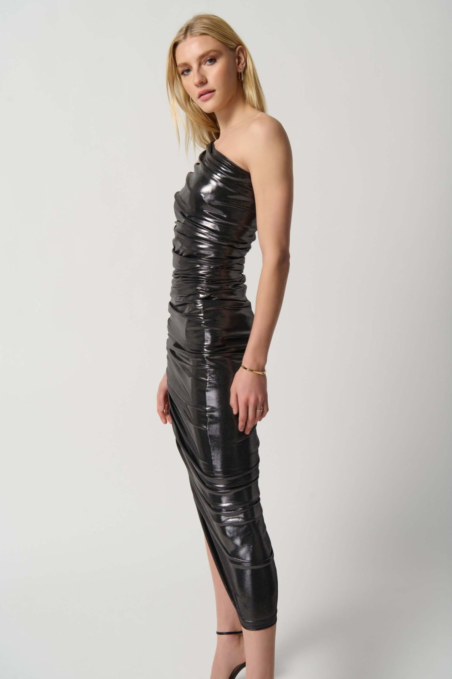 Women Joseph Ribkoff | Joseph Ribkoff Shirred Metallic Dress In Gunmetal 234158