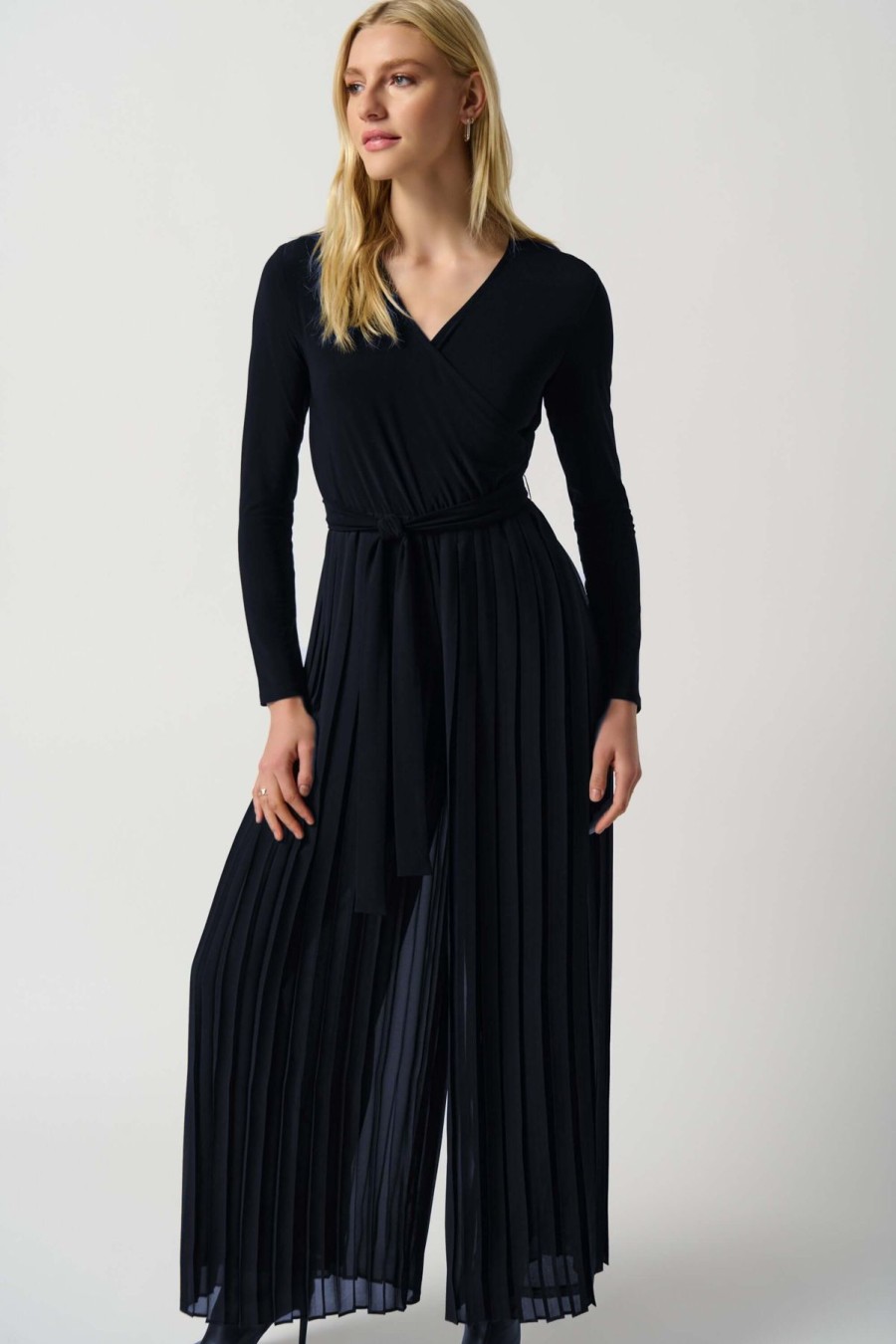 Women Joseph Ribkoff | Joseph Ribkoff Pleated Chiffon Jumpsuit In Midnight 234066