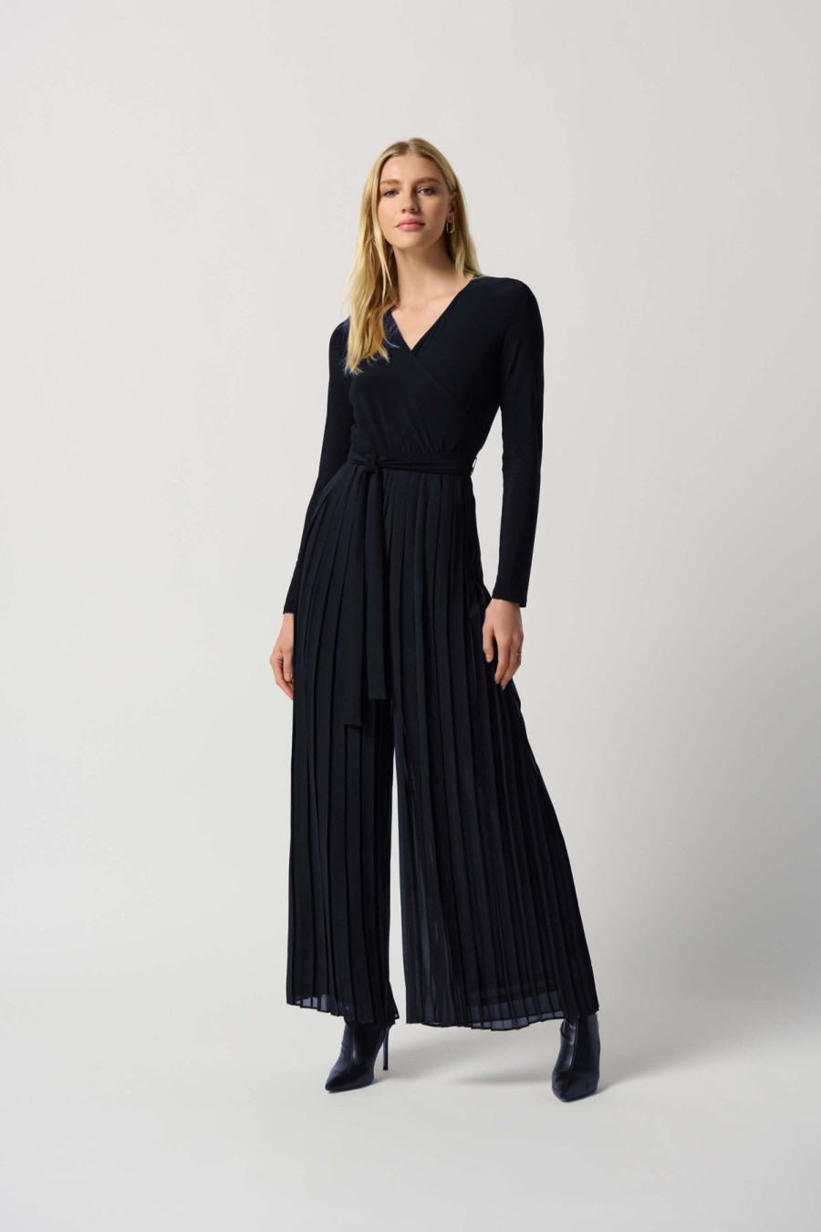 Women Joseph Ribkoff | Joseph Ribkoff Pleated Chiffon Jumpsuit In Midnight 234066