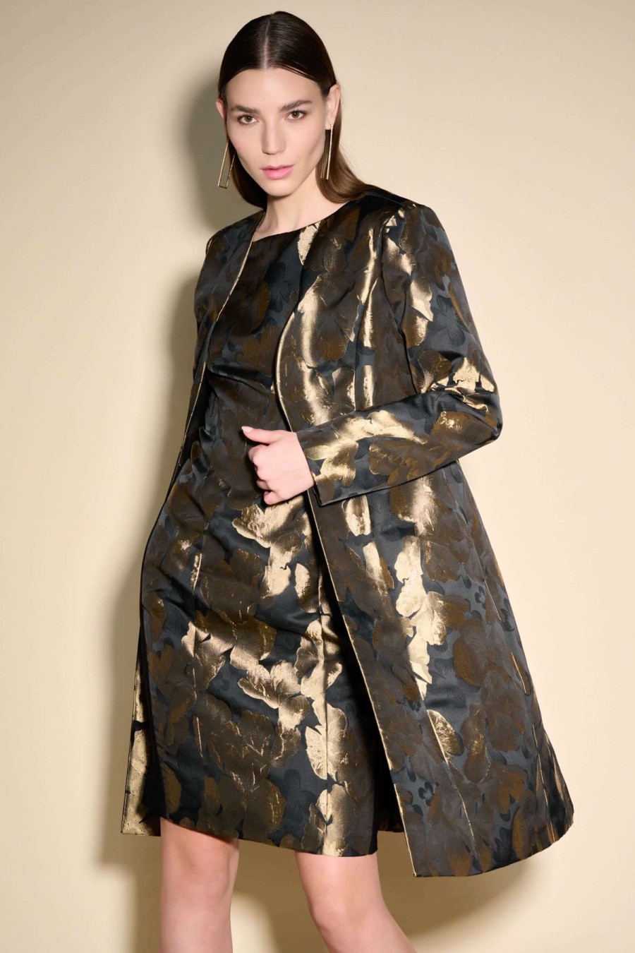 Women Joseph Ribkoff | Signature By Joseph Ribkoff Jacquard Coat In Black Bronze 233720