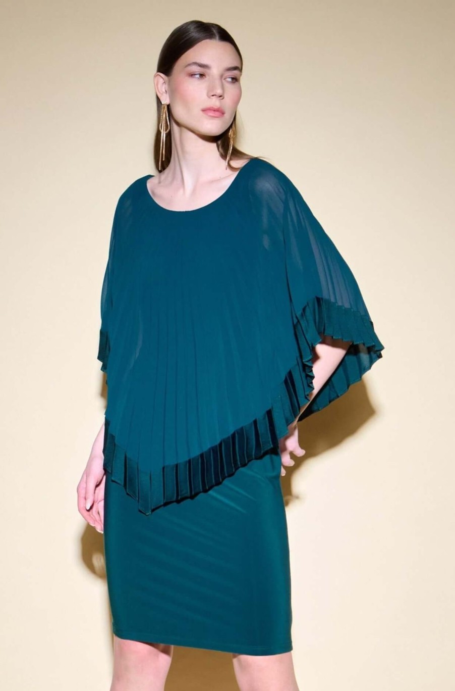 Women Joseph Ribkoff | Signature By Joseph Ribkoff Pleated Cape Dress In Alpine Green 234705