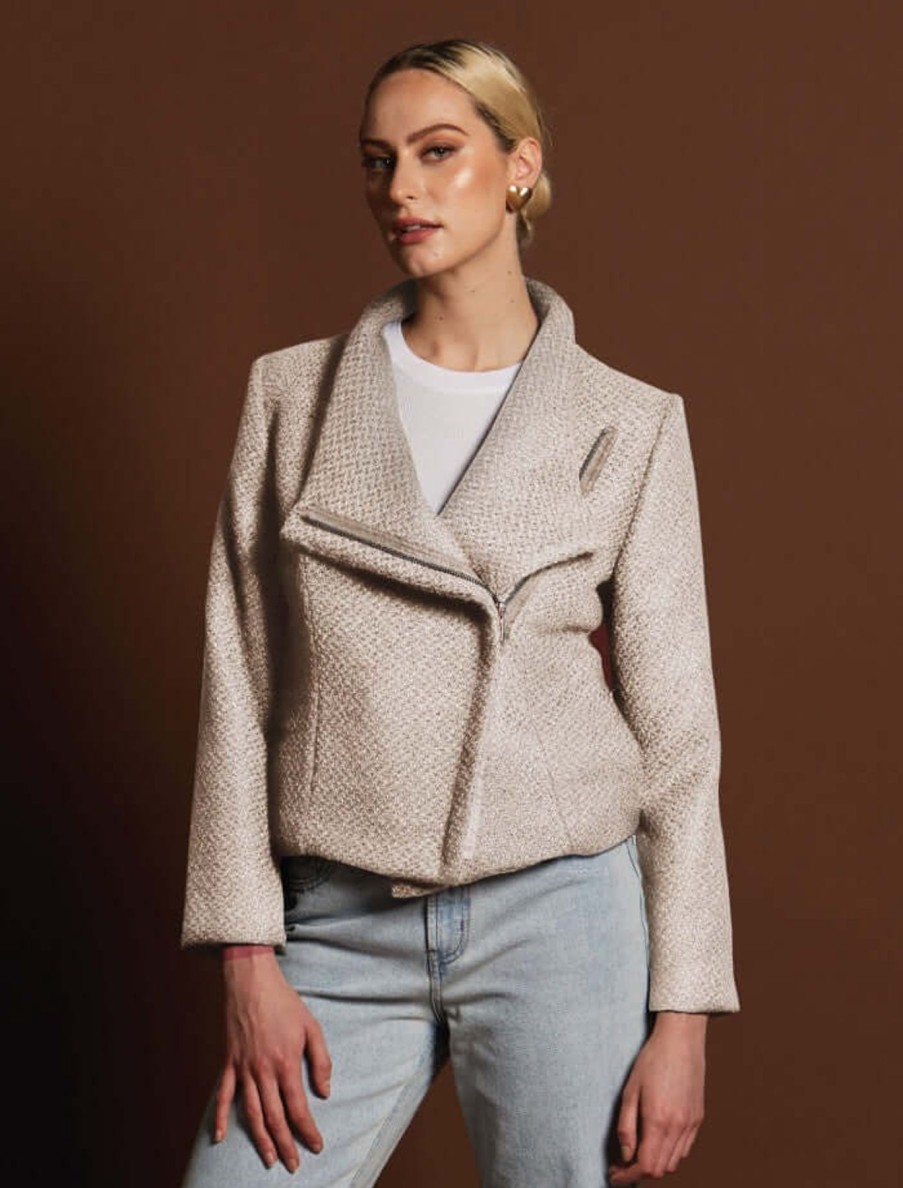 Women Fate & Becker | Fate & Becker Hazy Shade Biker Jacket In Cream Boucle