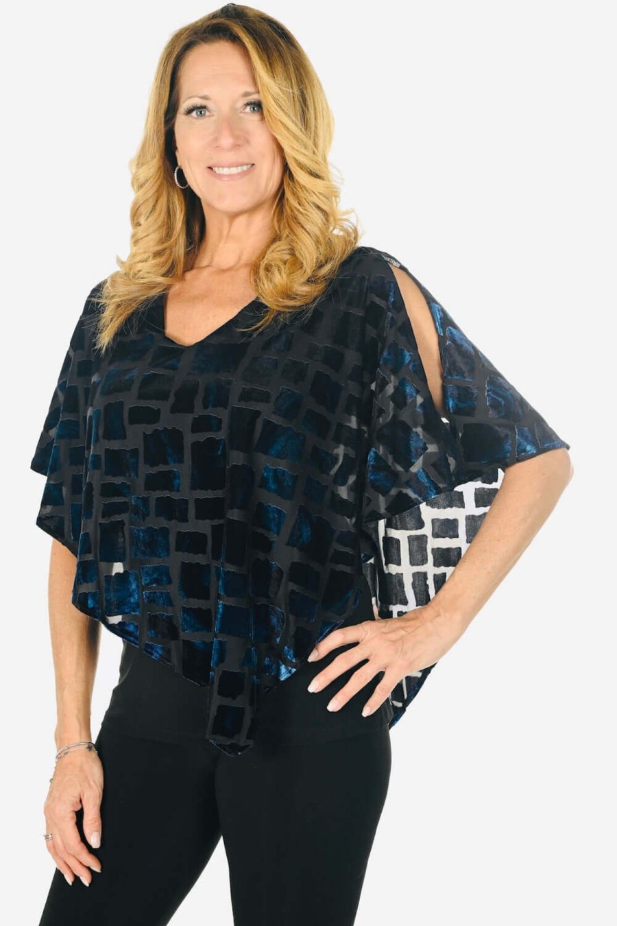 Women Frank Lyman | Frank Lyman Velvet Cape Top In Blue Black 234420