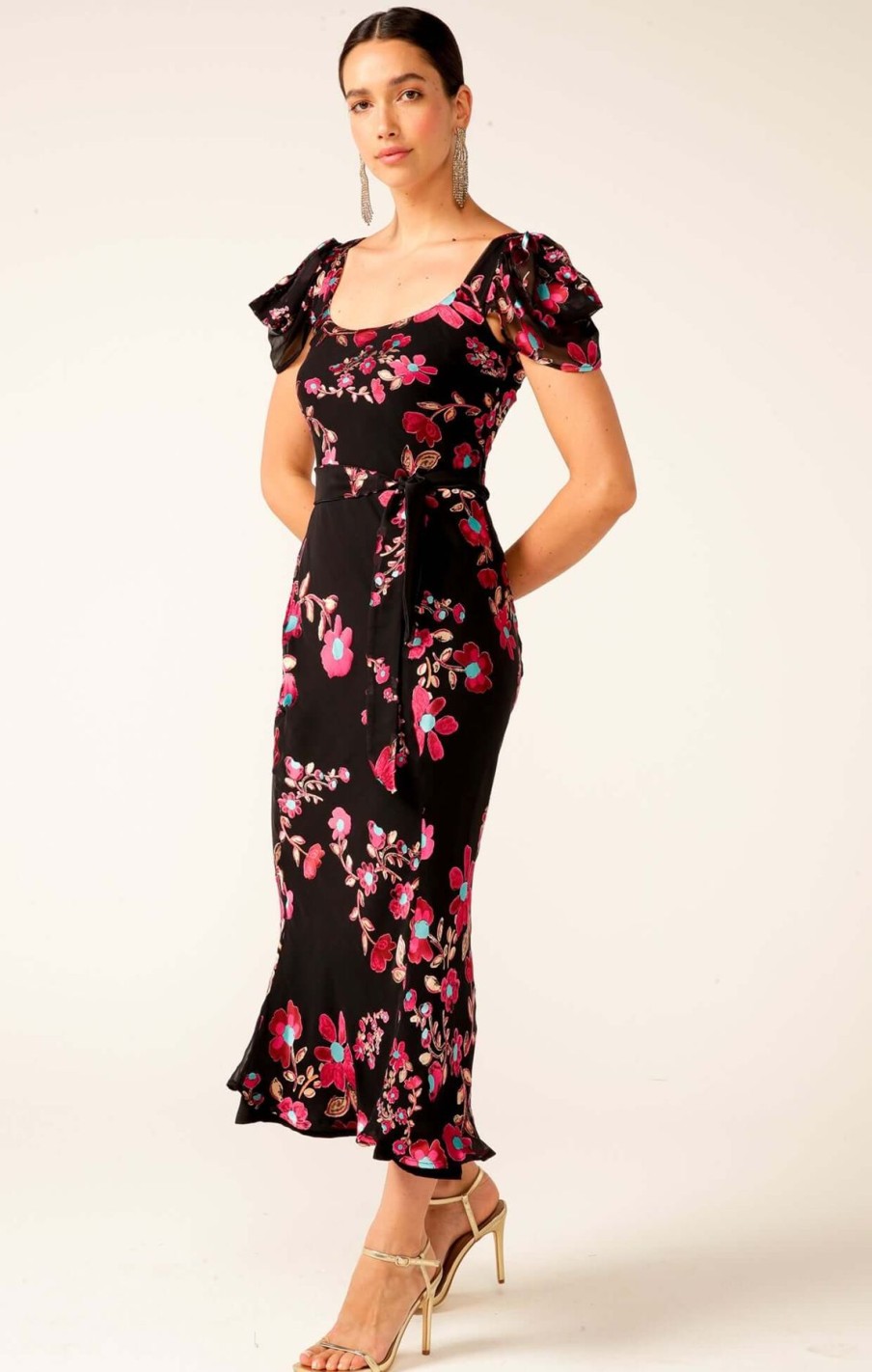 Women Sacha Drake | Sacha Drake Duchess Bias Cut Midi In Black Fuchsia Floral