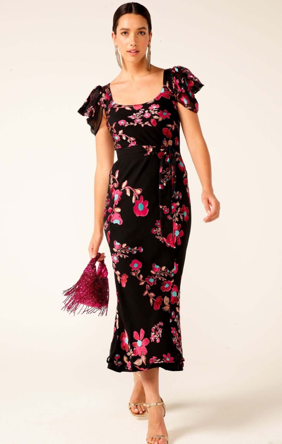 Women Sacha Drake | Sacha Drake Duchess Bias Cut Midi In Black Fuchsia Floral