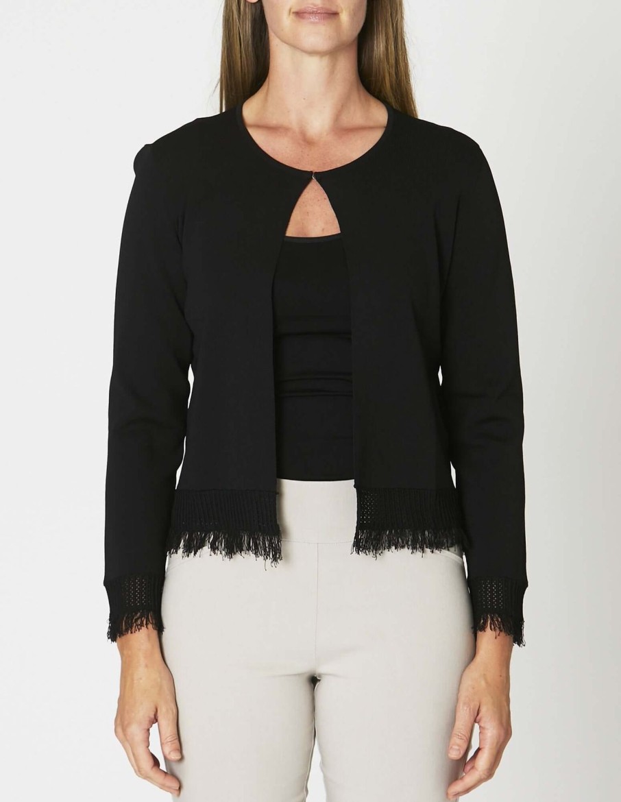 Women Ping Pong | Ping Pong Cropped Fringe Cardigan In Black