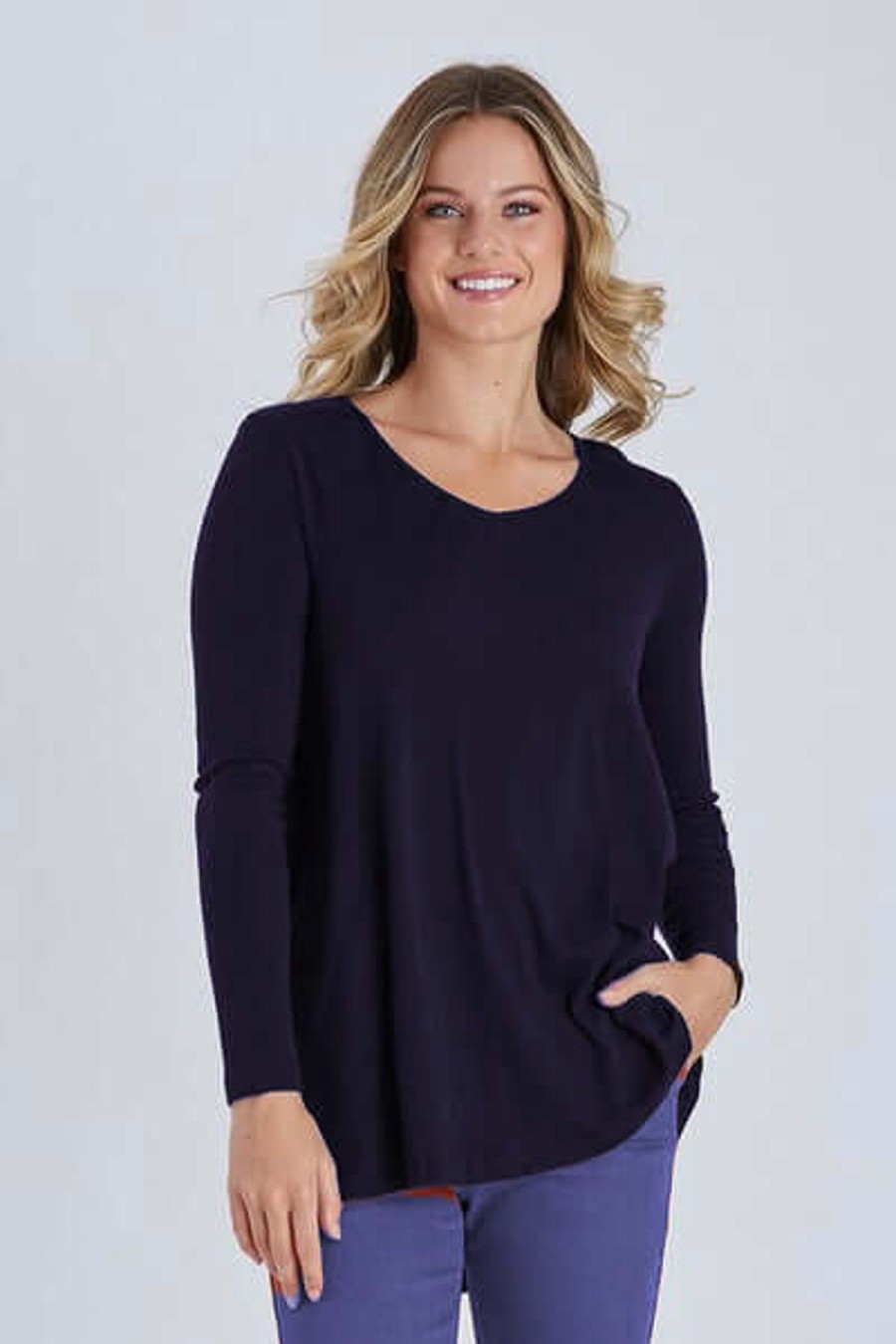 Women Threadz | Threadz Longline V Neck Tee In Indigo