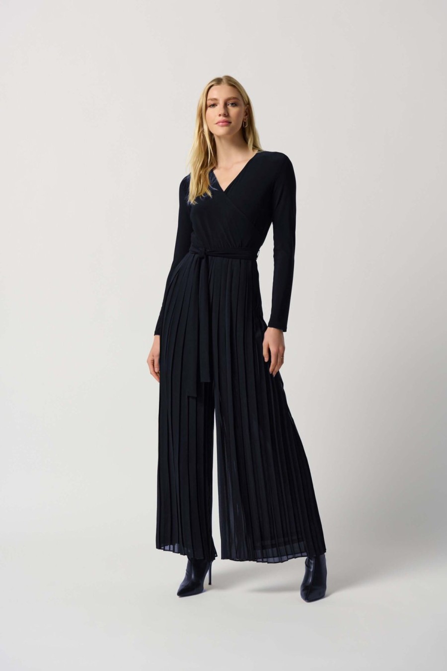 Women Joseph Ribkoff | Joseph Ribkoff Pleated Chiffon Jumpsuit In Midnight 234066