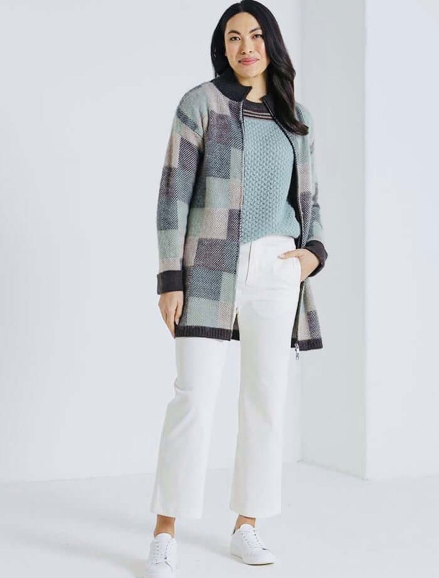 Women Marco Polo | Marco Polo Brushed Check Knit Jacket In Charcoal Mix