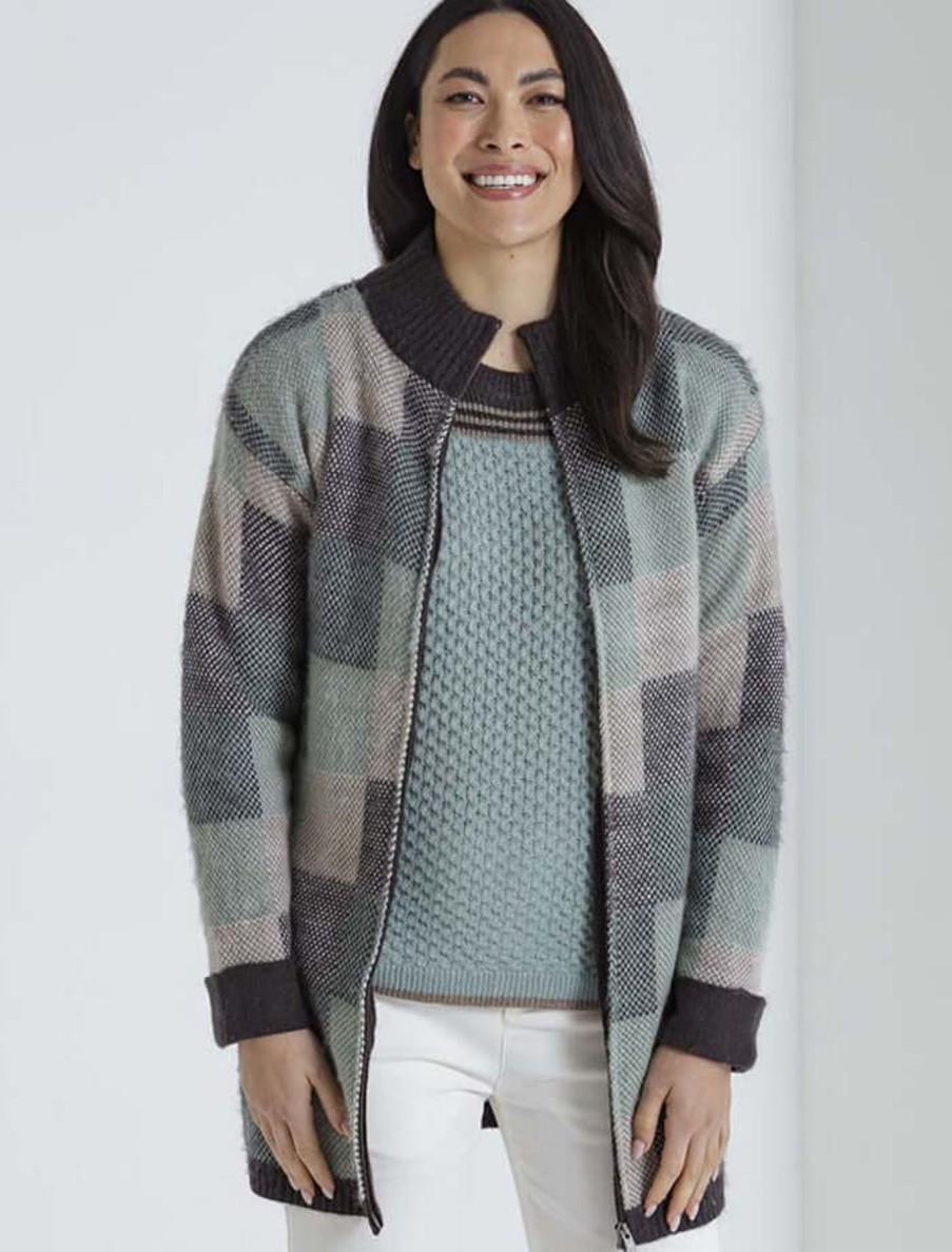 Women Marco Polo | Marco Polo Brushed Check Knit Jacket In Charcoal Mix