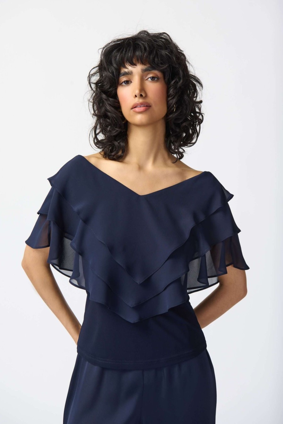 Women Joseph Ribkoff | Joseph Ribkoff Layered Chiffon Cape Sleeve Top In Midnight 241020