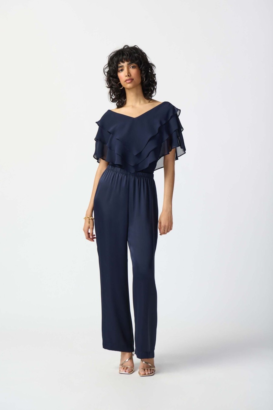 Women Joseph Ribkoff | Joseph Ribkoff Layered Chiffon Cape Sleeve Top In Midnight 241020