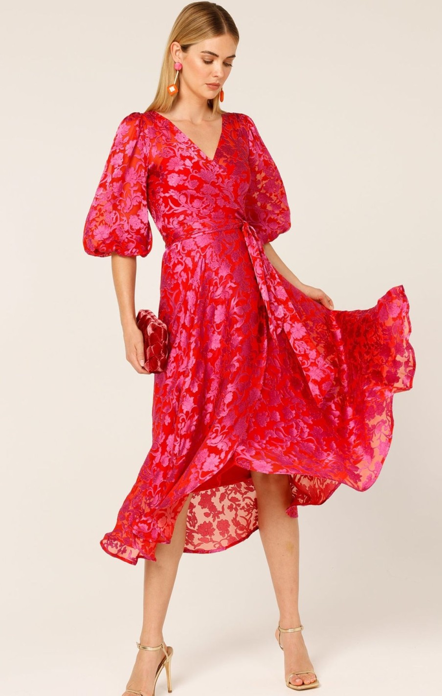 Women Sacha Drake | Sacha Drake Lily Fire Wrap Dress In Pink Red Floral