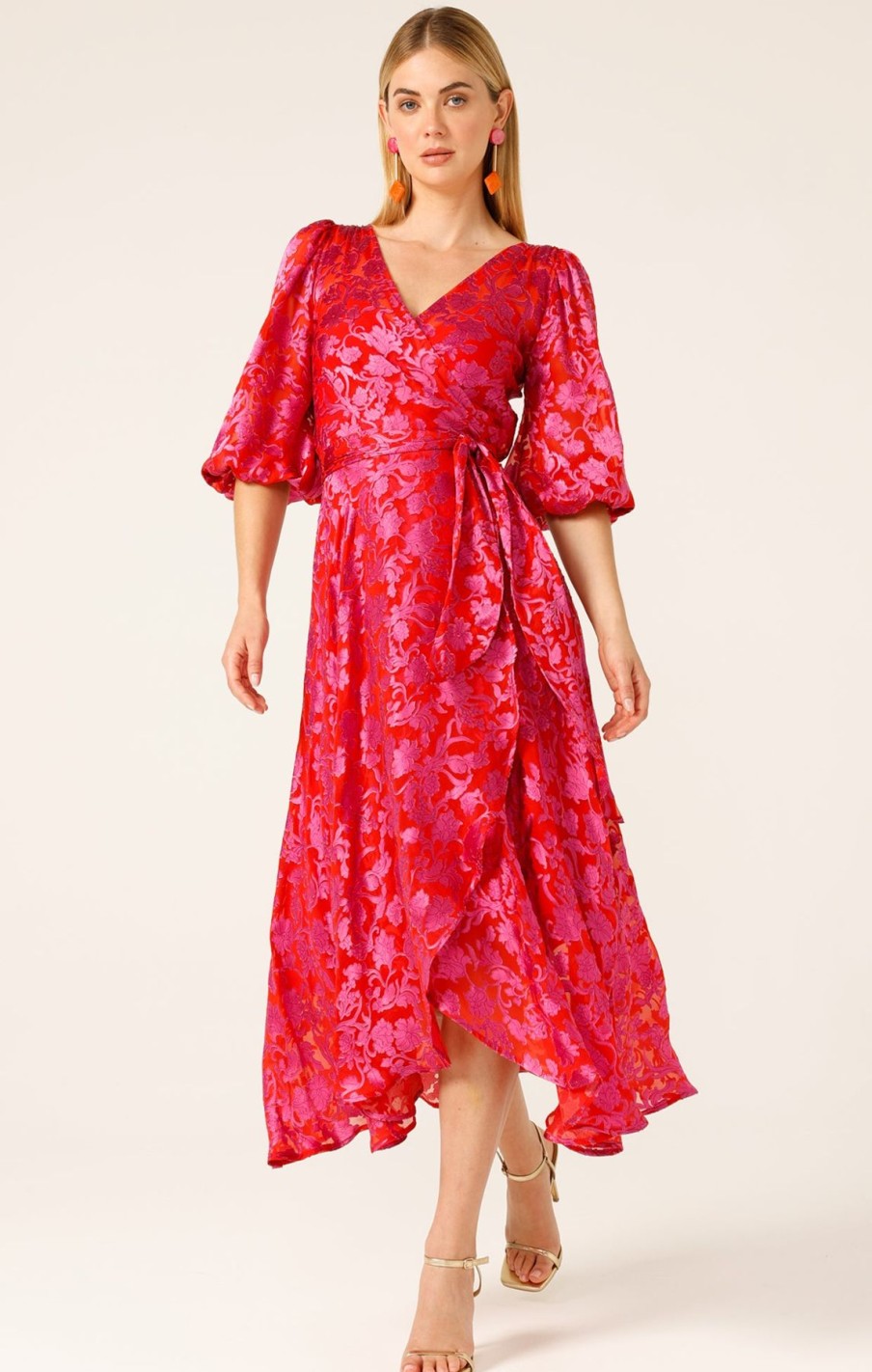 Women Sacha Drake | Sacha Drake Lily Fire Wrap Dress In Pink Red Floral