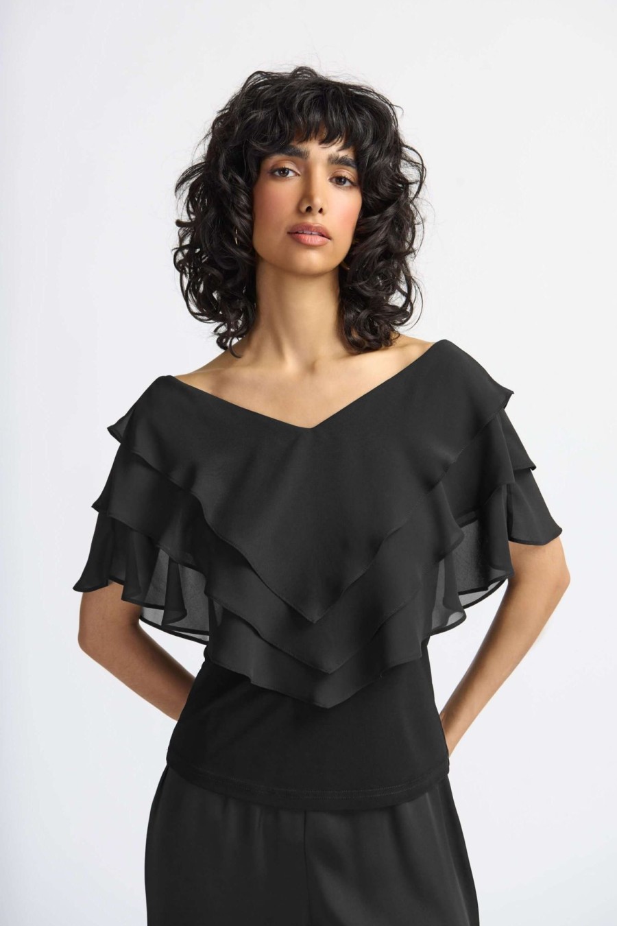 Women Joseph Ribkoff | Joseph Ribkoff Layered Chiffon Cape Sleeve Top In Black 241020