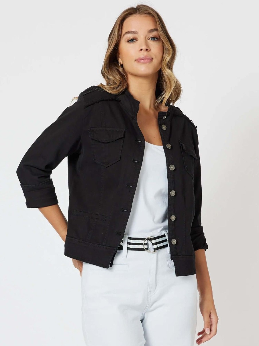 Women Threadz | Threadz Military Denim Jacket In Black