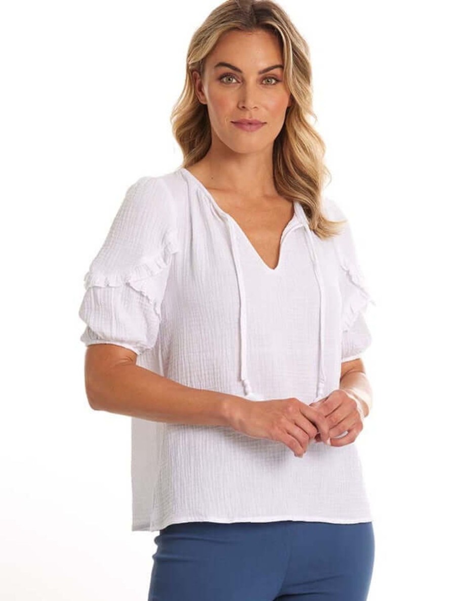 Women Marco Polo | Marco Polo Ruffle Crinkle Cotton Top In White