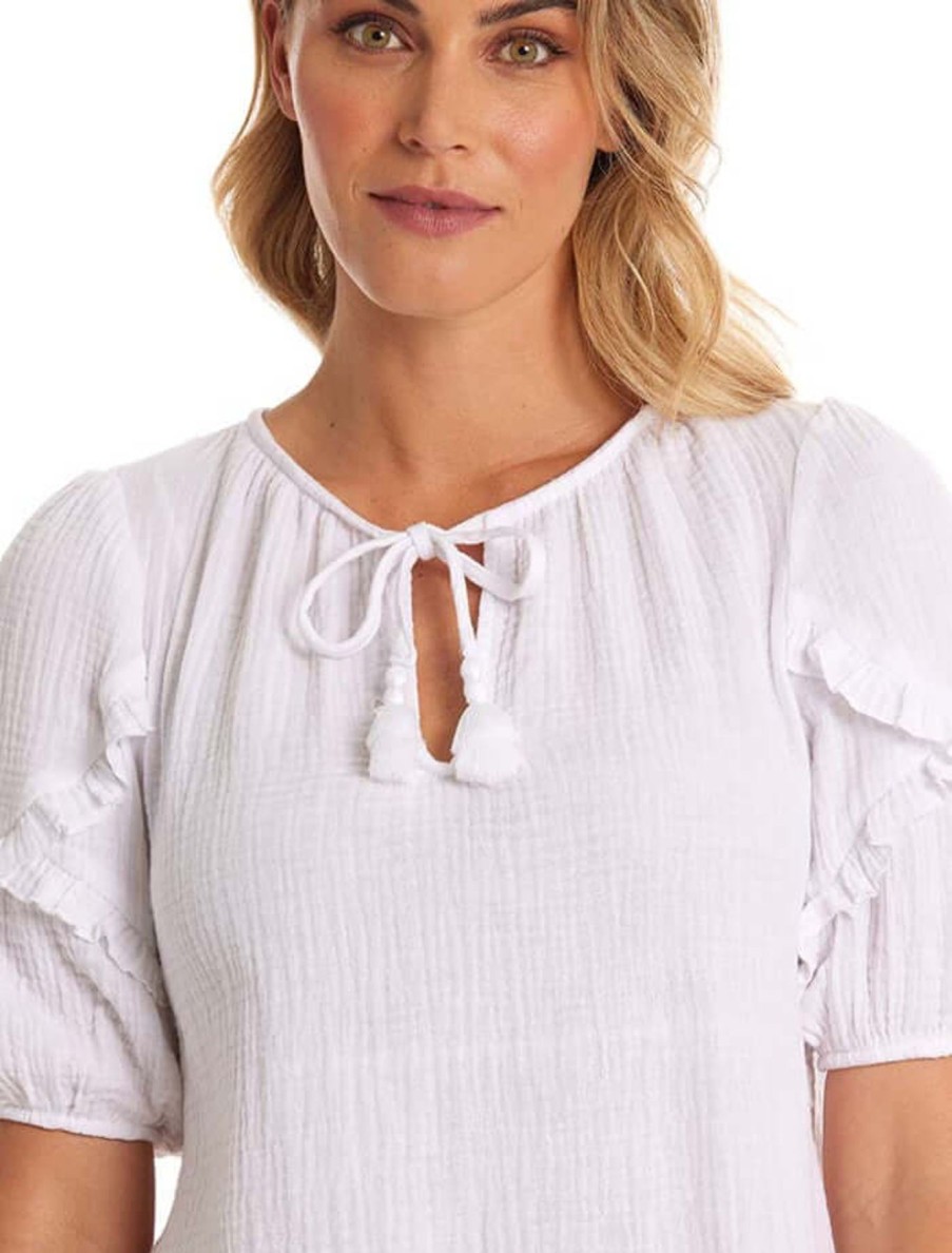 Women Marco Polo | Marco Polo Ruffle Crinkle Cotton Top In White