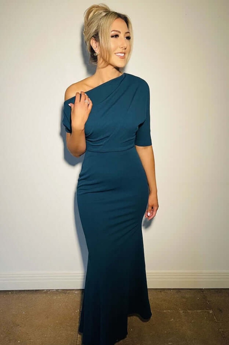 Women Danielas | Danielas One Shoulder Gown In Teal Green