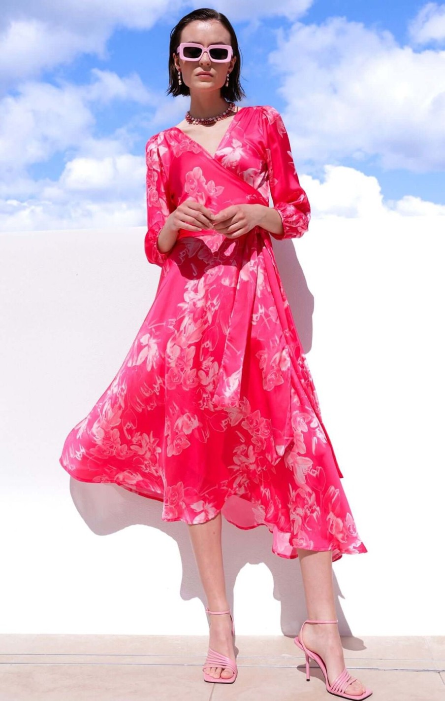 Women Sacha Drake | Sacha Drake Lotus Flower Wrap Dress In Hot Pink Floral