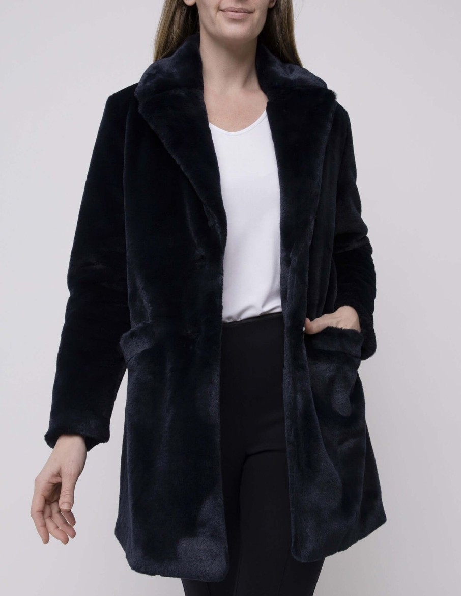 Women Ping Pong | Ping Pong Faux Fur Long Coat In Navy