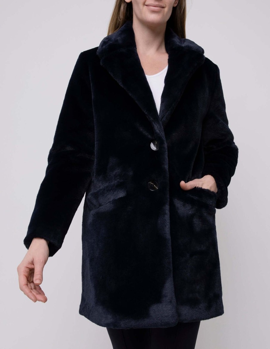 Women Ping Pong | Ping Pong Faux Fur Long Coat In Navy