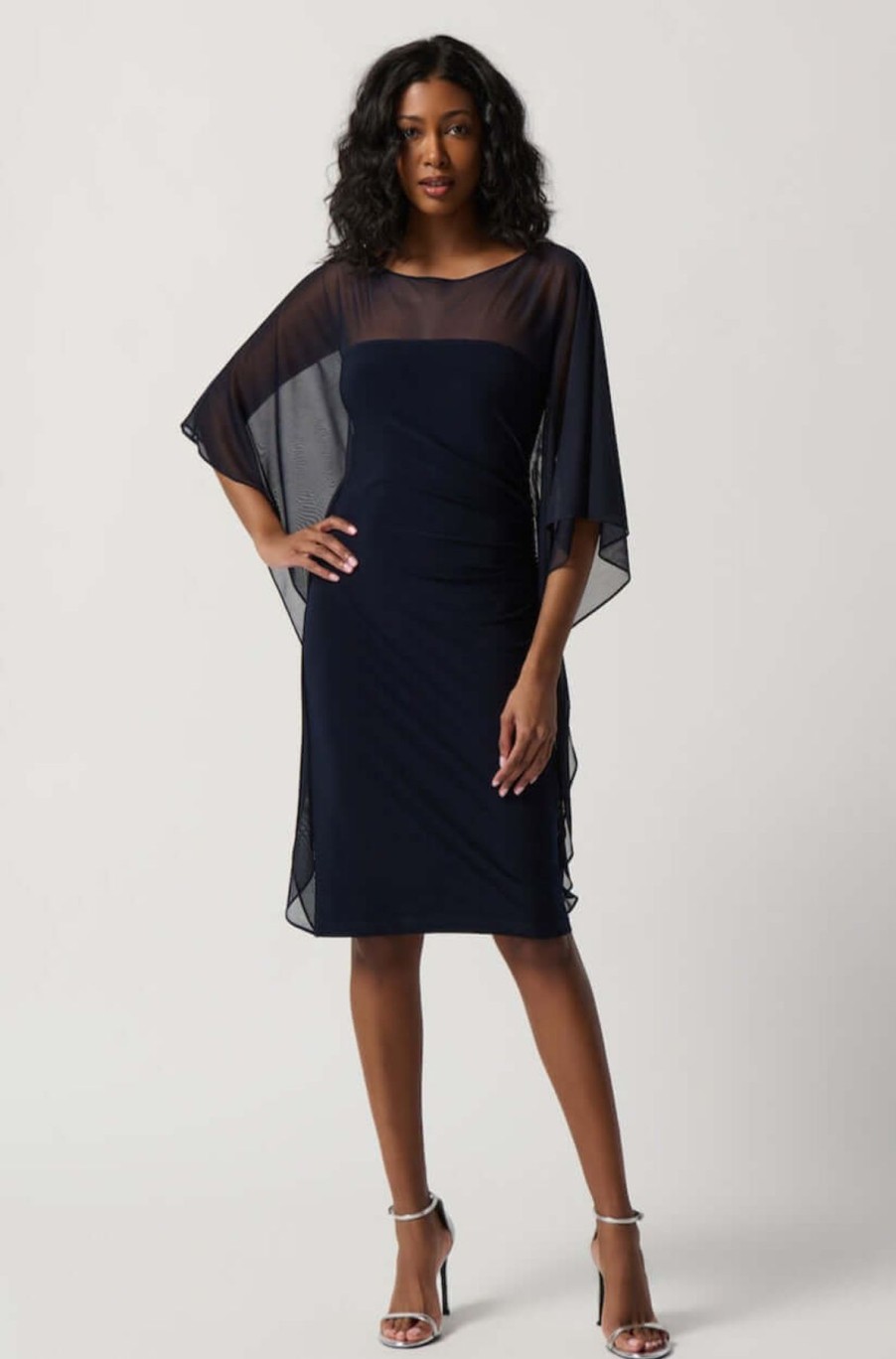 Women Joseph Ribkoff | Joseph Ribkoff Cascading Mesh Sleeve Dress In Midnight 234037