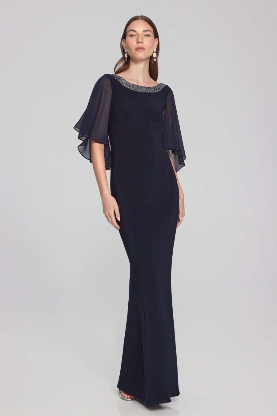 Women Joseph Ribkoff | Signature By Joseph Ribkoff Chiffon Trumpet Gown In Midnight 241717