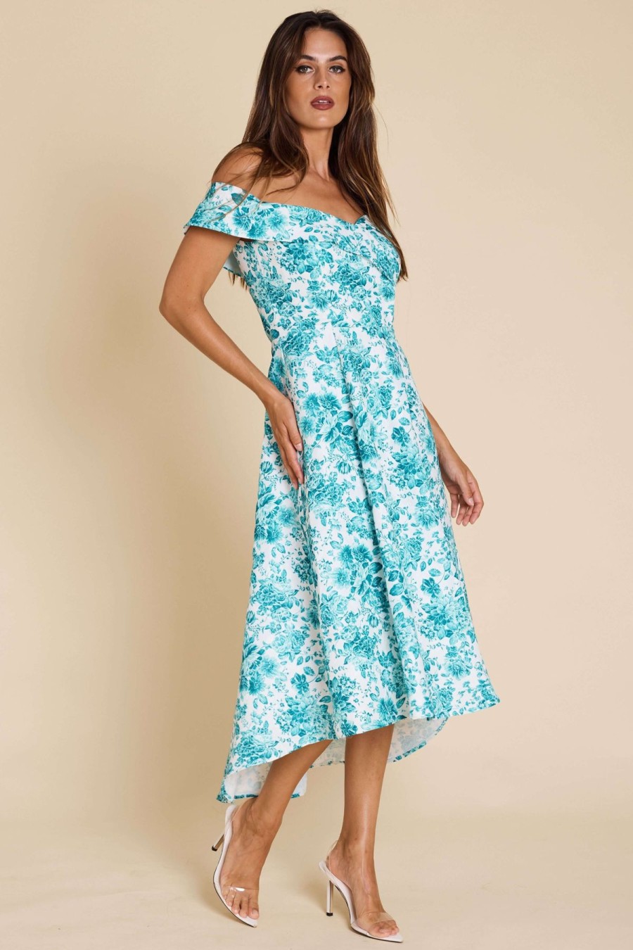 Women Romance | Romance Winona High Low Dress In Green Floral On White