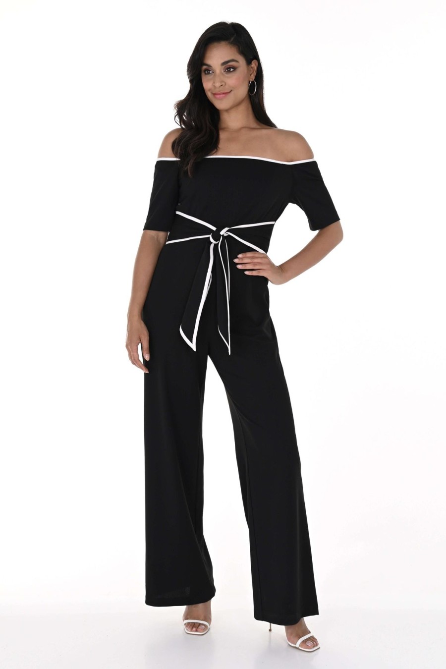 Women Frank Lyman | Frank Lyman Tie Sash Jumpsuit In Black White 246120