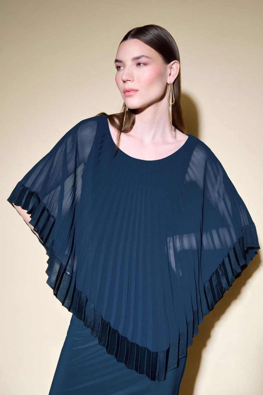 Women Joseph Ribkoff | Signature By Joseph Ribkoff Pleated Cape Dress In Midnight 234705