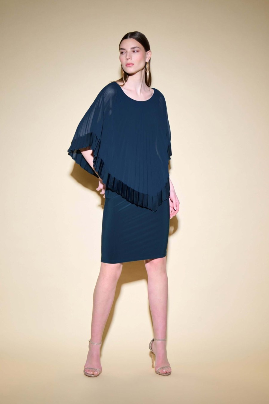 Women Joseph Ribkoff | Signature By Joseph Ribkoff Pleated Cape Dress In Midnight 234705