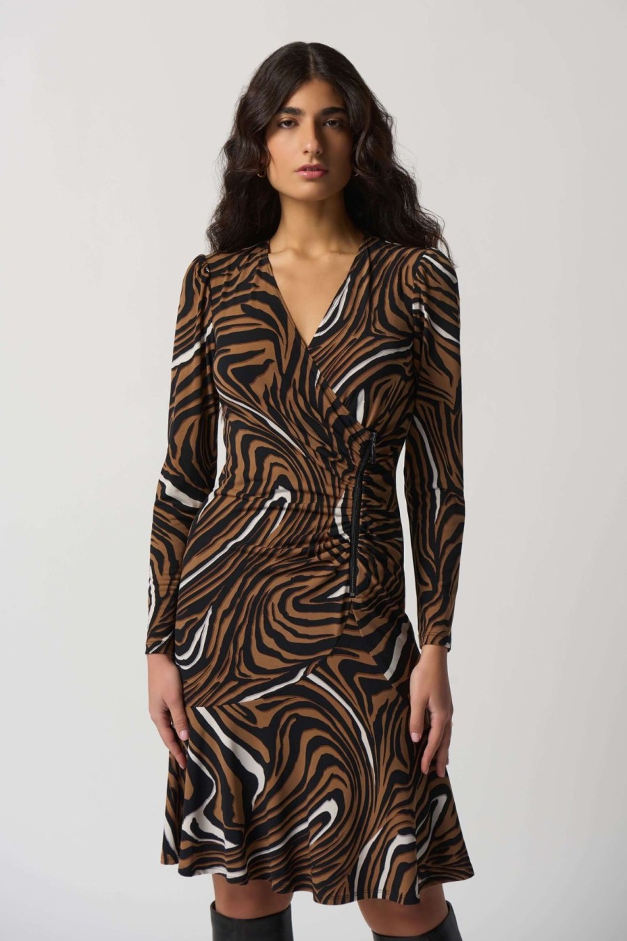 Women Joseph Ribkoff | Joseph Ribkoff Ruched Dress In Black Toffee Combo 233221