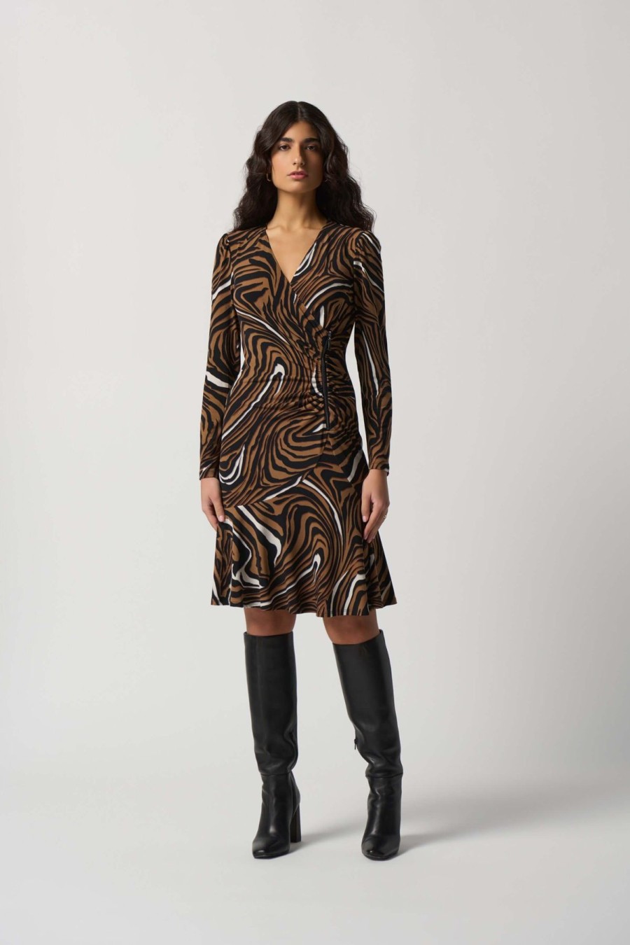 Women Joseph Ribkoff | Joseph Ribkoff Ruched Dress In Black Toffee Combo 233221