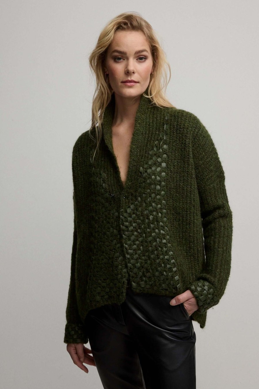 Women Raw by Raw | Raw By Raw Ines Leather Trim Cardi In Olive