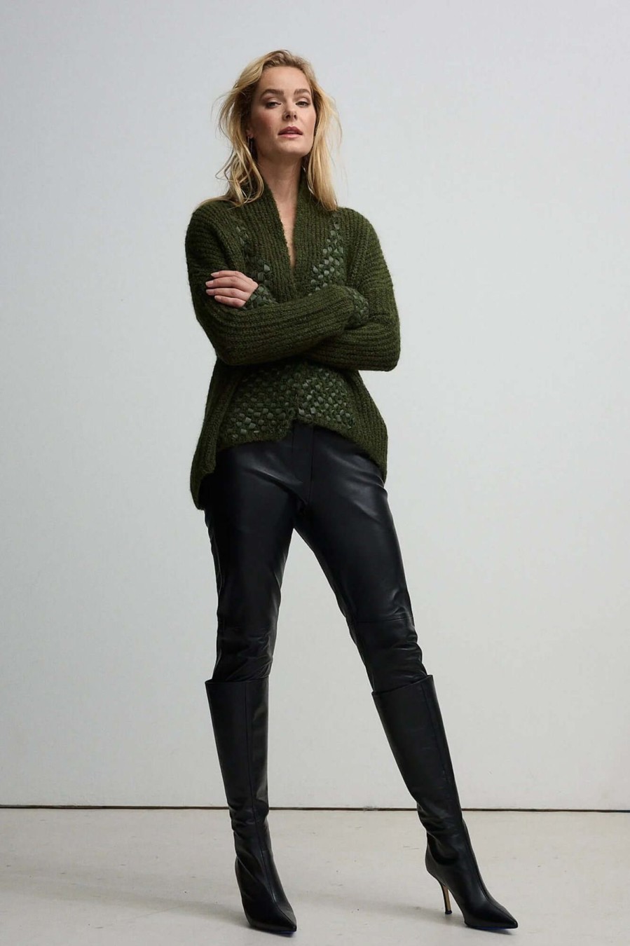 Women Raw by Raw | Raw By Raw Ines Leather Trim Cardi In Olive