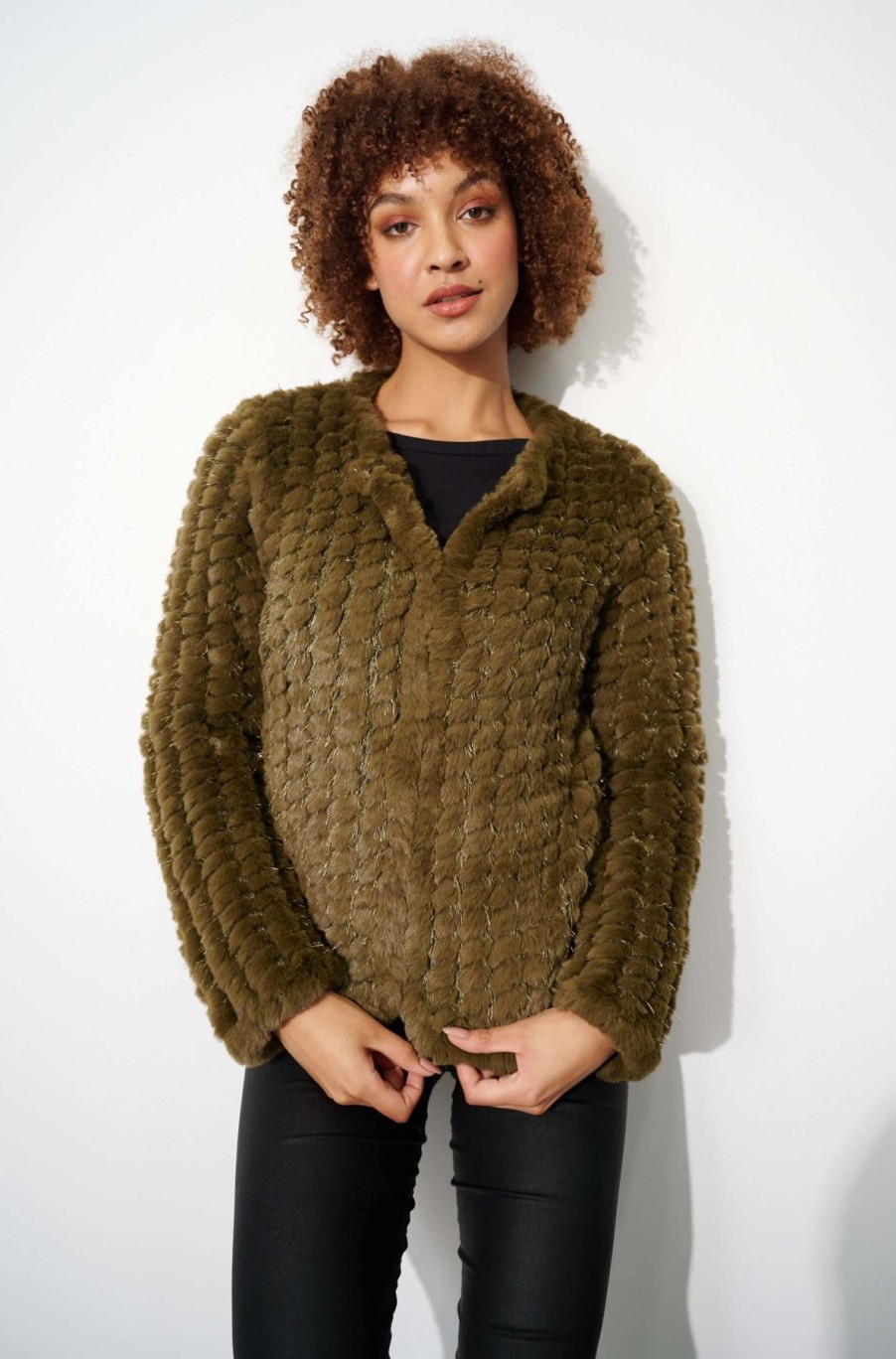 Women Caju | Caju Faux Fur Jacket In Khaki