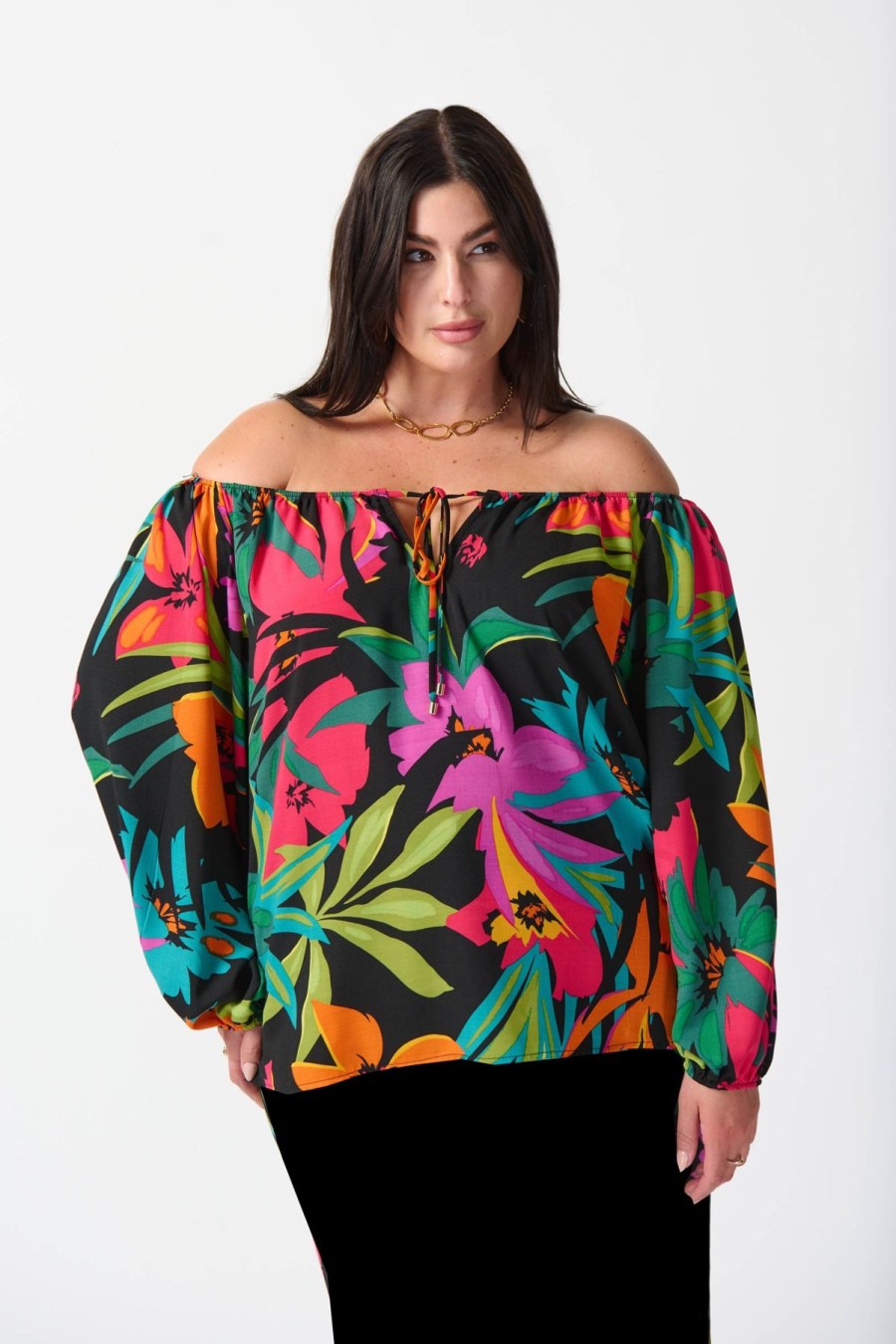 Women Joseph Ribkoff | Joseph Ribkoff Flared Top In Black Tropical Brights 242175