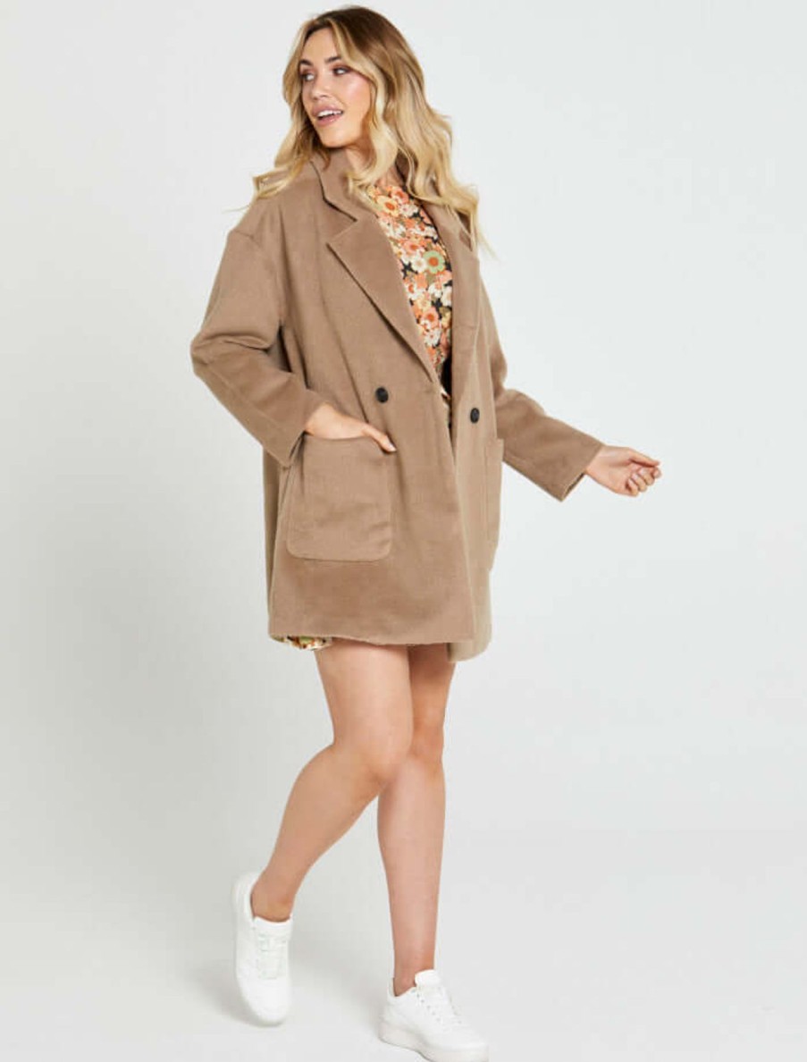 Women Sass | Sass Arden Double Breasted Coat In Tan