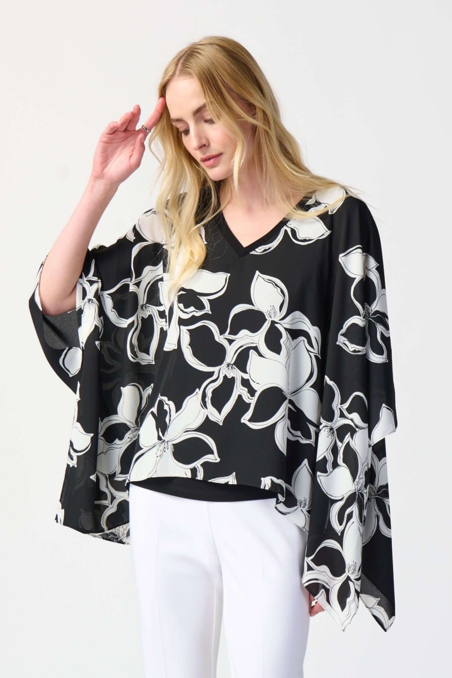 Women Joseph Ribkoff | Joseph Ribkoff Floral Poncho In Black Vanilla 241170