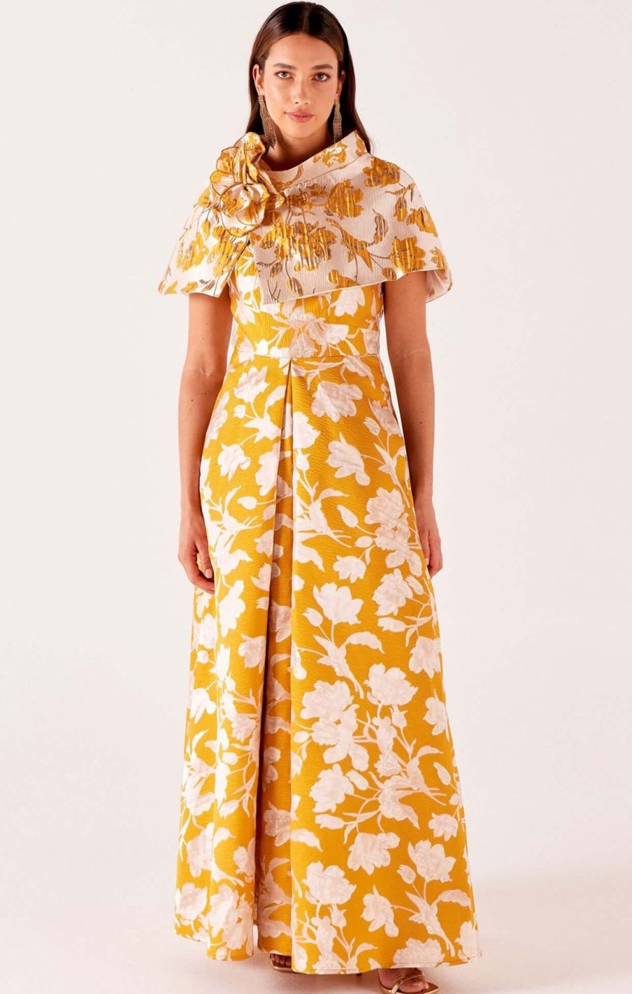 Women Sacha Drake | Sacha Drake Sweet Magnolia Gown & Cape Set In Marigold Floral Jacquard