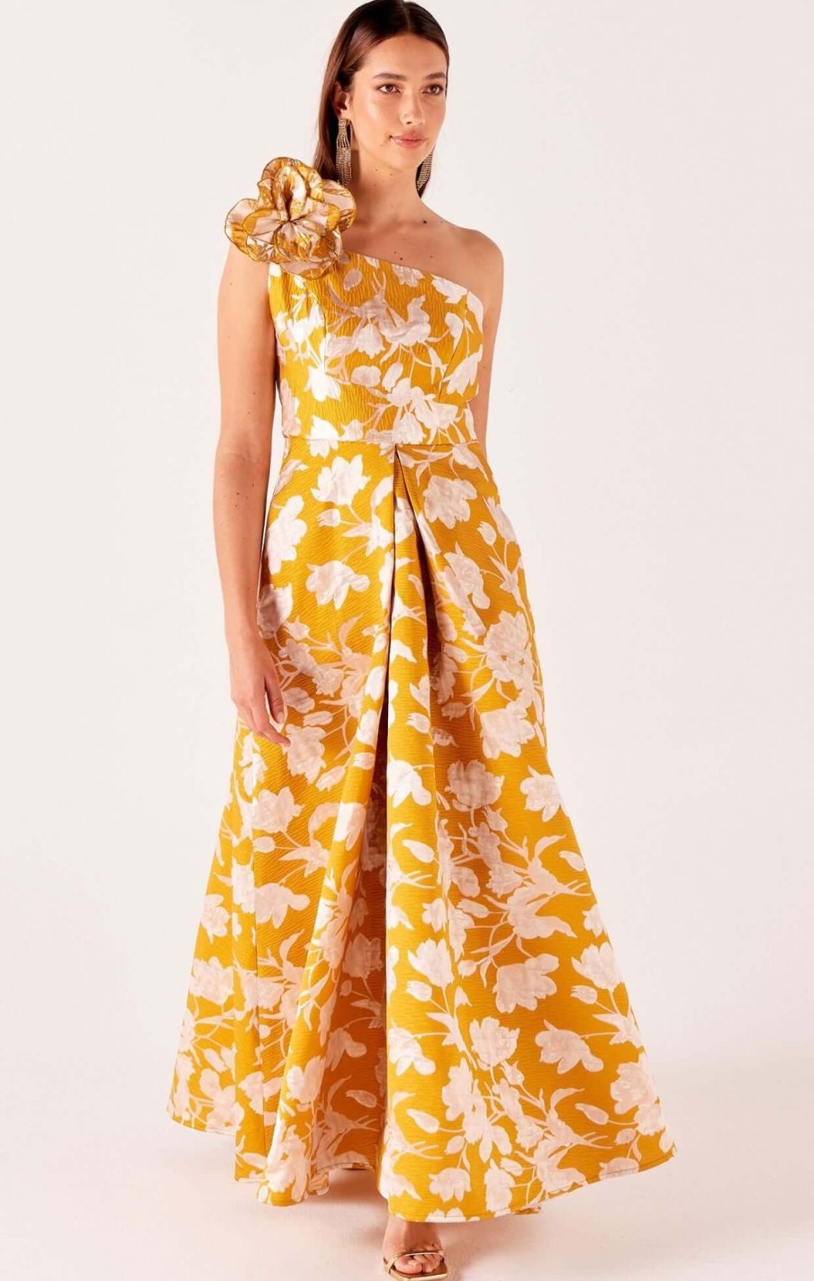 Women Sacha Drake | Sacha Drake Sweet Magnolia Gown & Cape Set In Marigold Floral Jacquard