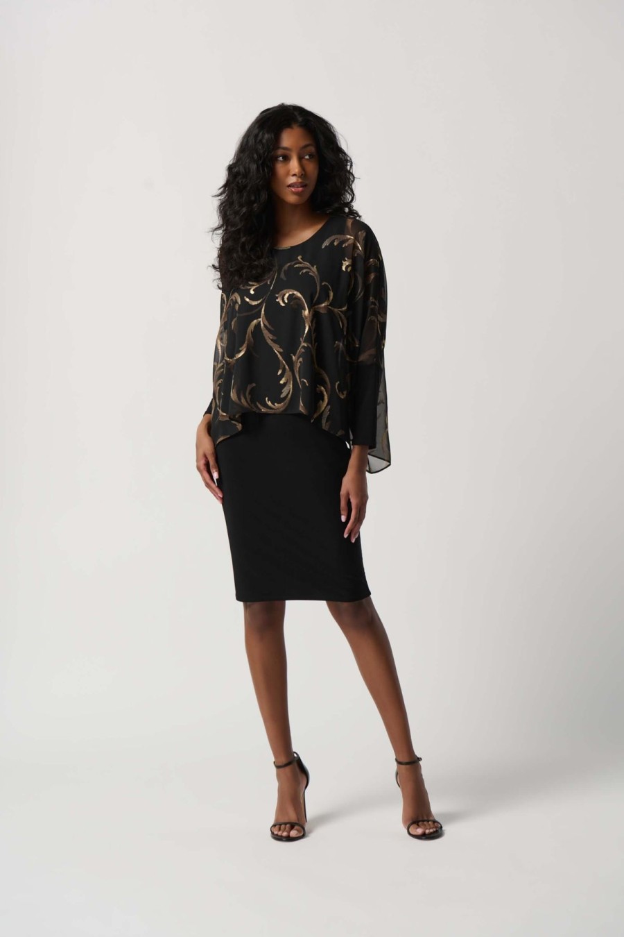 Women Joseph Ribkoff | Joseph Ribkoff Baroque Foil Dress In Black Bronze 234018