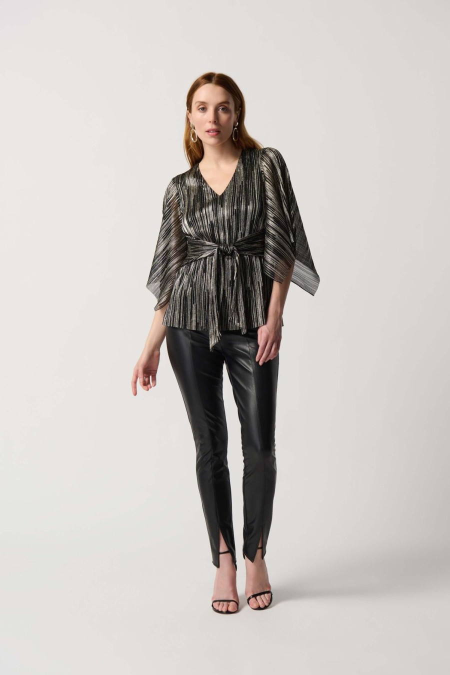 Women Joseph Ribkoff | Joseph Ribkoff Foil Sash Top In Black Gold 234222