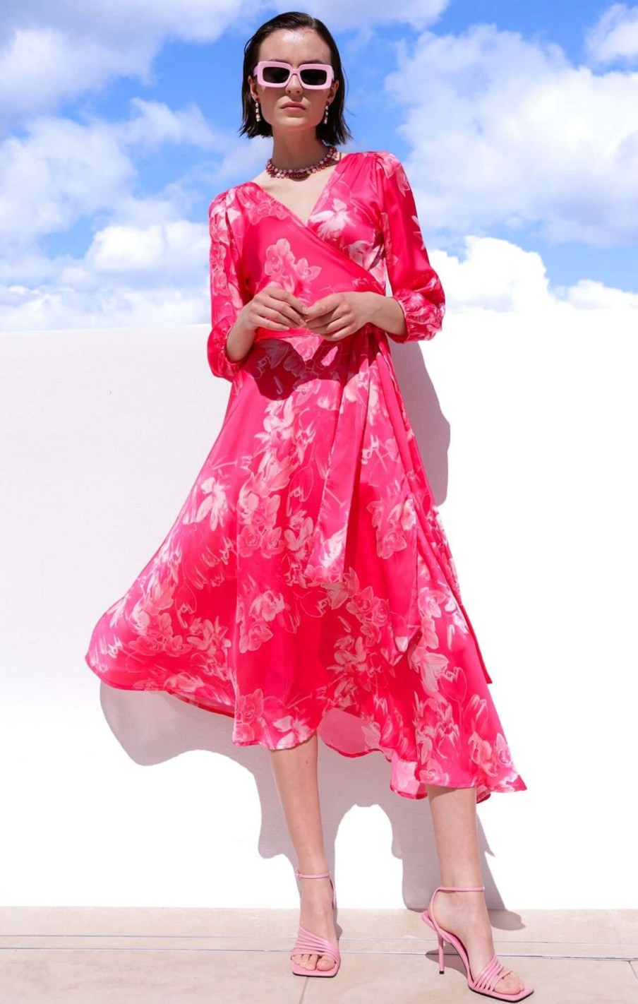 Women Sacha Drake | Sacha Drake Lotus Flower Wrap Dress In Hot Pink Floral